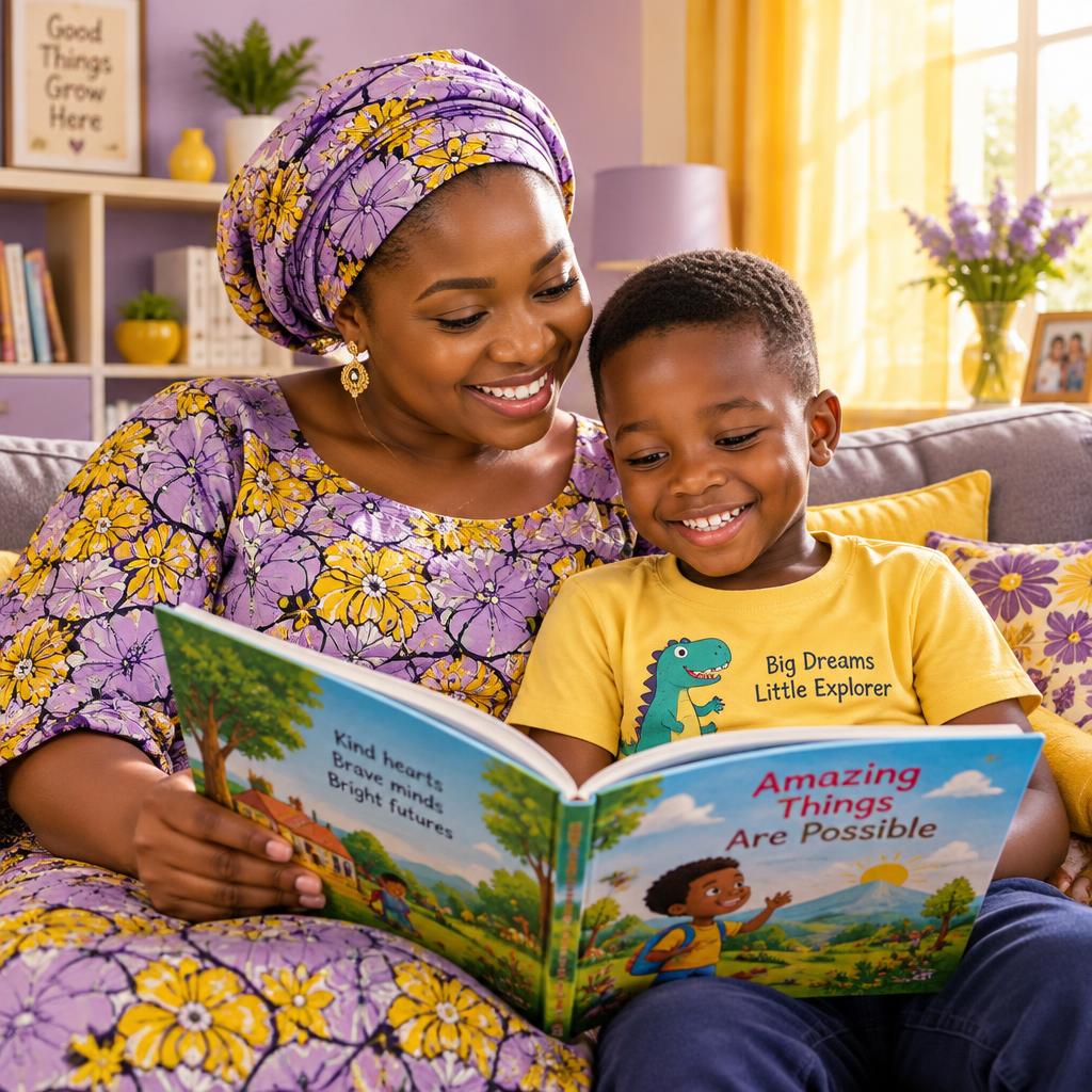 A mother and son reading a picture book together