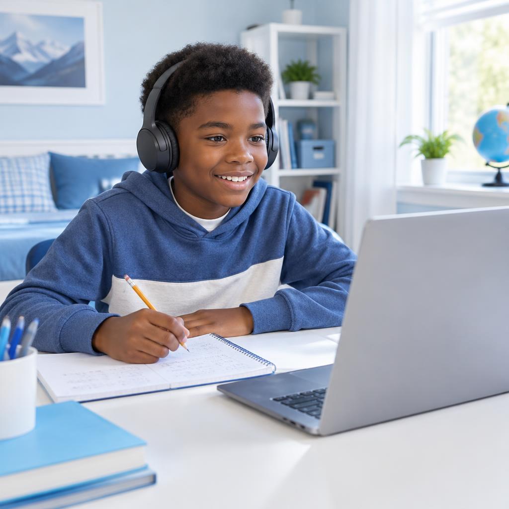 Black learner wearing headphones and practising with a laptop and notebook