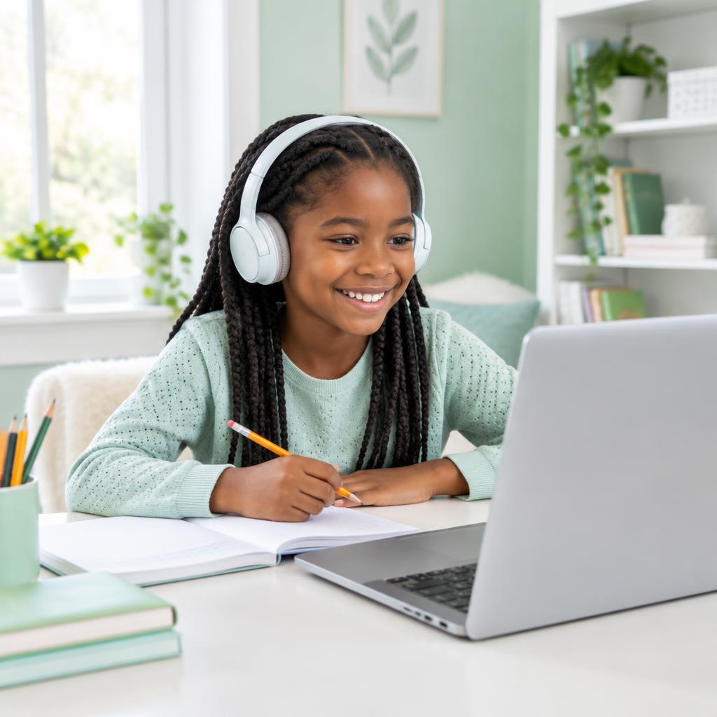 Young Black learner using headphones and a laptop with her notebook