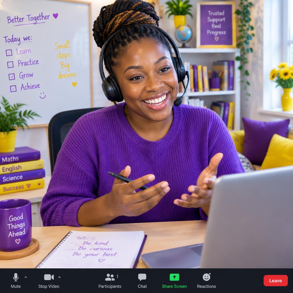 A smiling tutor teaching on a video call